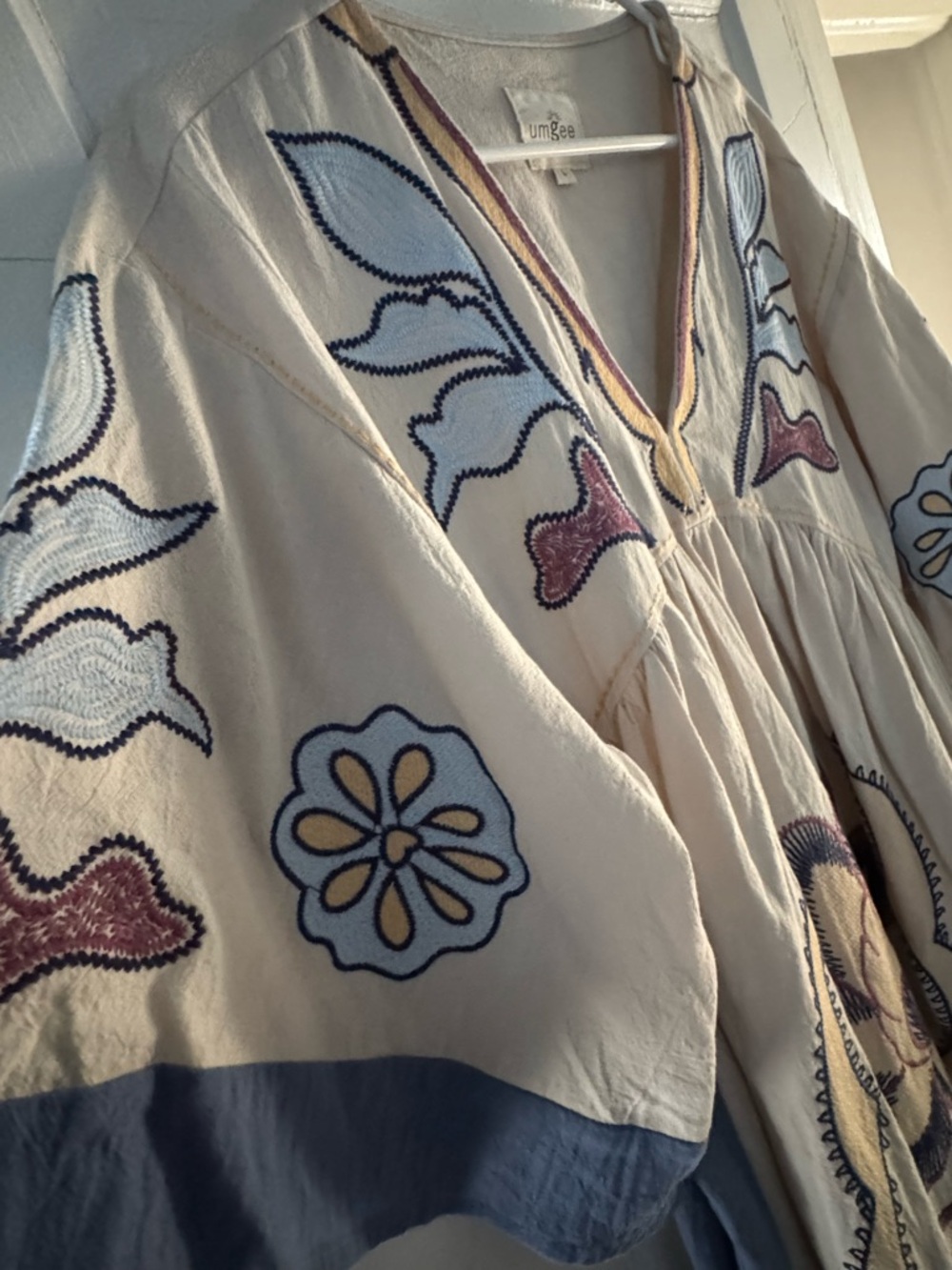 Umgee Cream Tunic with Blue Trim and Multicolor Embroidery - Picture 2 of 4